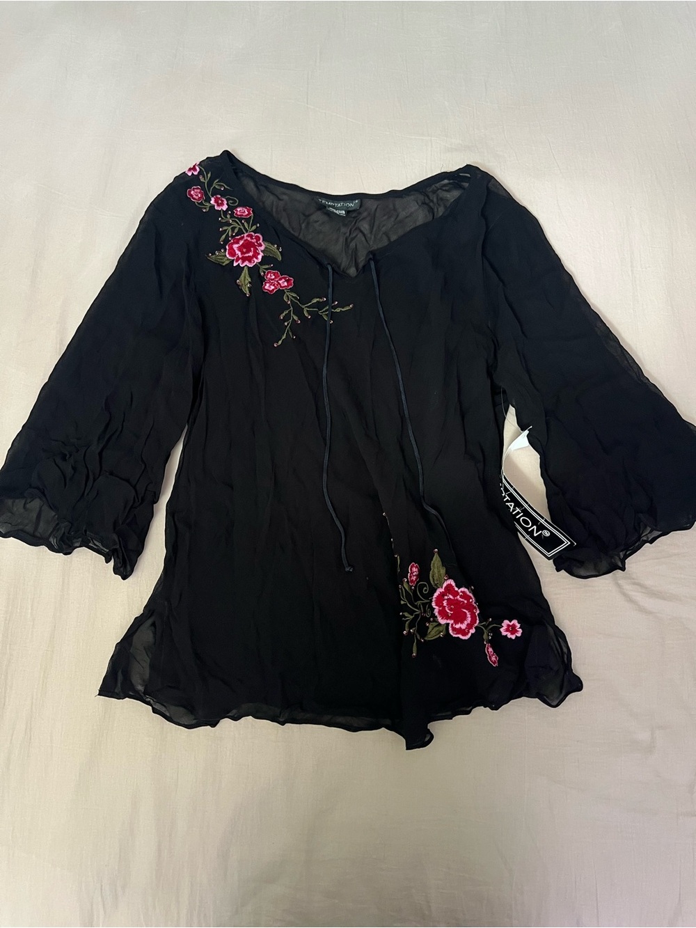 Y2K Deadstock Temptations Black Sheer Floral-Embroidered V-Neck Blouse